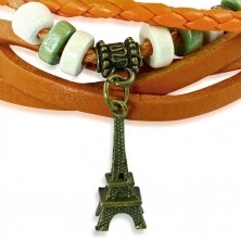 Multi synthetic leather bracelet of orange colour - braiding, beads and Eiffel Tower