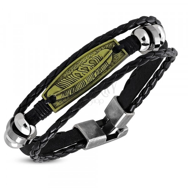 Black bracelet made of artificial leather - two braids, token with bird feather, beads