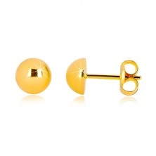 Yellow 375 gold earrings - simple semi-ball, glossy surface, 7 mm
