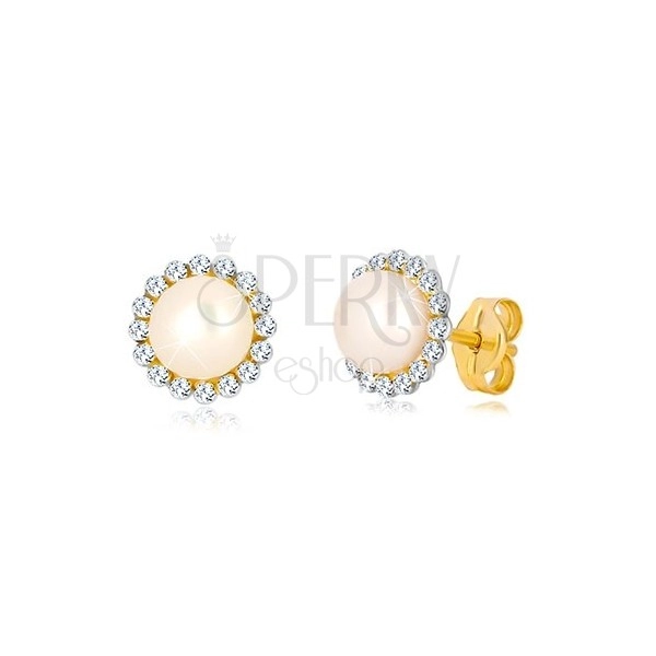 Yellow 9K gold earrings - glittery zircon flower with white pearl in the centre