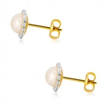 Yellow 9K gold earrings - glittery zircon flower with white pearl in the centre