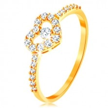 375 gold ring - zircon shoulders, glossy clear heart contour with zircon