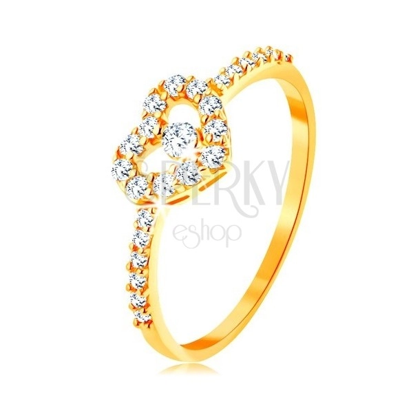 375 gold ring - zircon shoulders, glossy clear heart contour with zircon