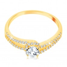 375 gold ring with split glossy shoulders, clear zircon