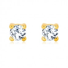 Yellow 9K gold earrings - glittery round zircon, square mount, 5 mm