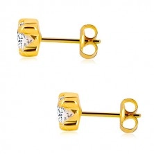 Yellow 9K gold earrings - glittery round zircon, square mount, 5 mm