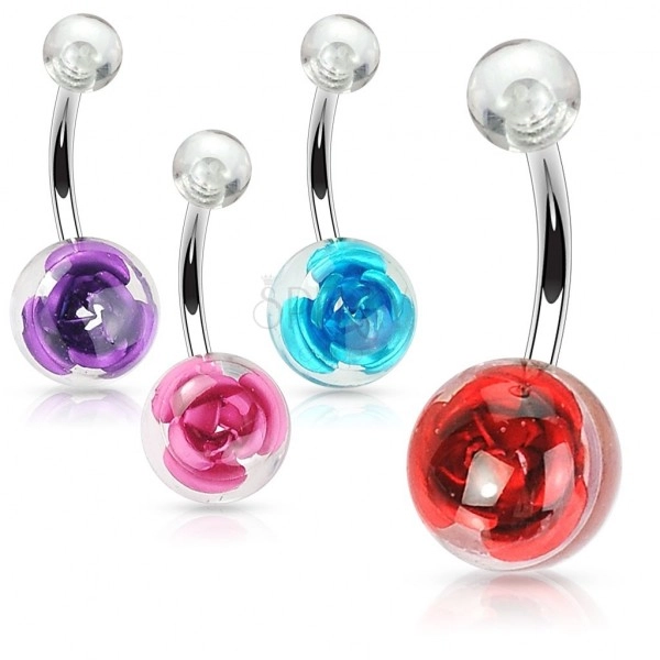 Transparent ball belly ring with rose