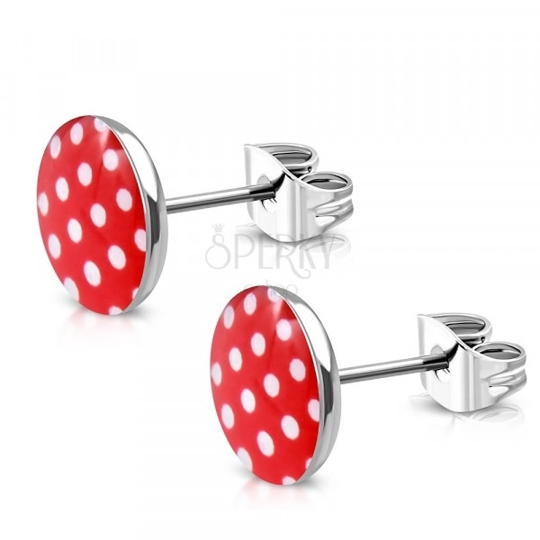 Steel earrings - red-white dotted circles and glaze, studs