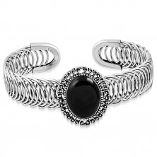 Lithe steel bracelet - oval ornament with black stone, spiral