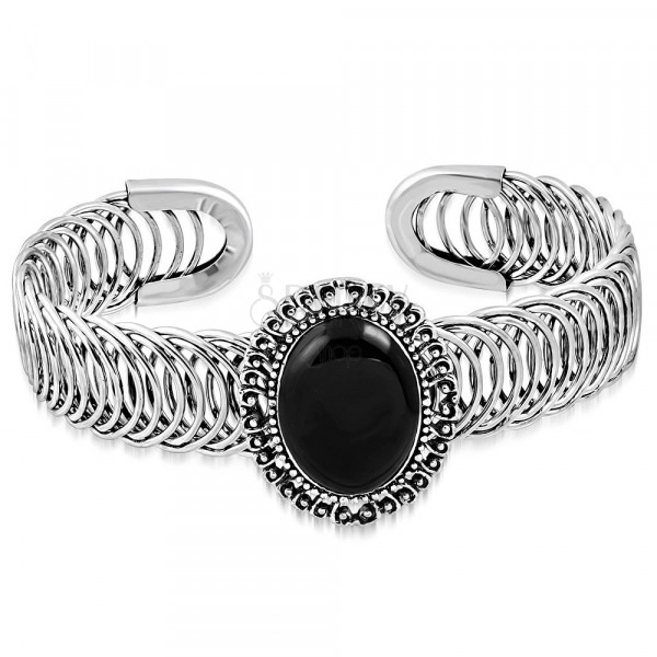 Lithe steel bracelet - oval ornament with black stone, spiral