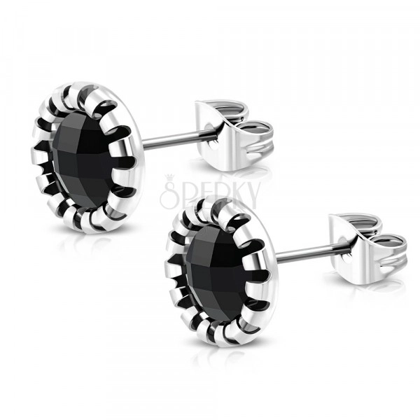 Stainless steel earrings - carved flower, black zircon, studs