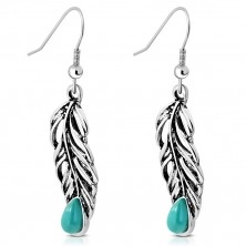 Hanging earrings of silver colour - peacock feather with turquoise stone