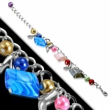 Bracelet - glossy chain, court heel shoes, coloured synthetic pearls and beads