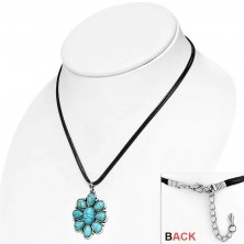 Black cord necklace - decorative flower with turquoise stones, tears