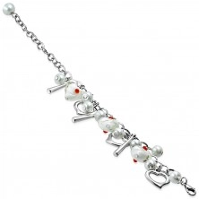 Bracelet of silver colour - heart contours, hearts with flowers, synthetic pearls