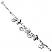 Bracelet of silver colour - glossy chain, flower contours, flowers with waves