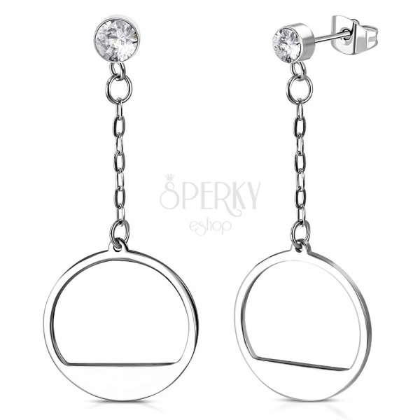 Steel earrings - glittery zircon in mount, circle with a notch strung on chain