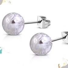 Stainless steel earrings - acrylic balls, flowers of white colour, studs
