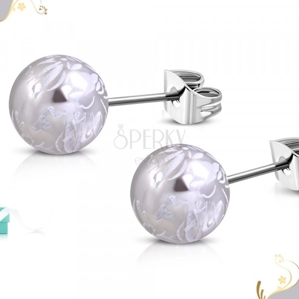 Stainless steel earrings - acrylic balls, flowers of white colour, studs