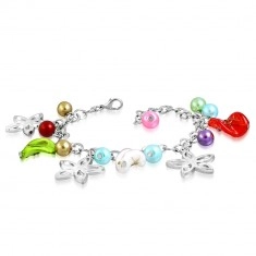 Bracelet with pendants - flower contours, twisted beads with roses, artificial pearls