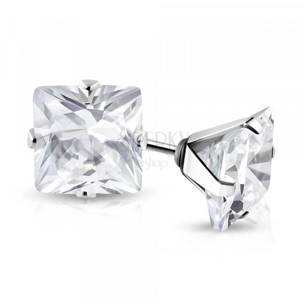 Steel earrings of silver colour - cut glittery square in mount, 3 mm