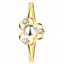 Yellow 9K gold ring - flower with three petals, white pearl and clear zircons