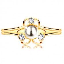 Yellow 9K gold ring - flower with three petals, white pearl and clear zircons