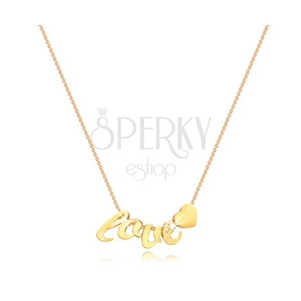 Yellow 375 gold necklace - thin chain, letters l, o, v, e, heart
