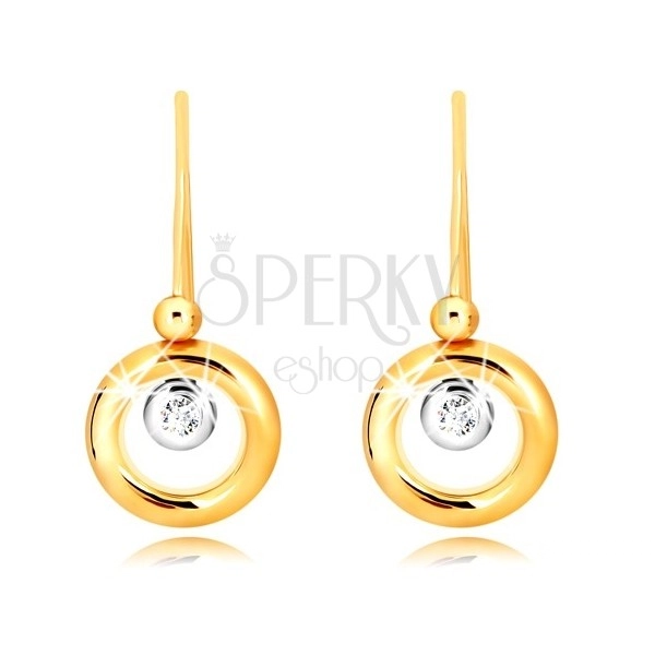 9K gold earrings - ringlet made of yellow gold, holder of white gold and zircon