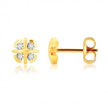 Yellow 9K gold earrings - flower with crossed lines and arches, zircons
