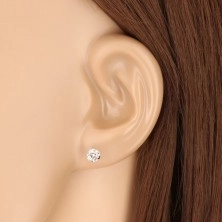 White 375 gold earrings - glittery transparent zircon, four prongs, 5 mm