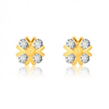 Yellow 375 gold earrings - zircon flower with glossy v-lines and ball, studs