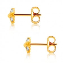 Yellow 375 gold earrings - zircon flower with glossy v-lines and ball, studs