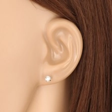 White 9K gold earrings - clear glittery zircon, four prongs, 4 mm