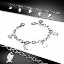 Stainless steel bracelet - wider chain, assymetric heart and fishes