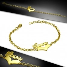 Steel bracelet of gold colour - symmetric heart and inscription "Love", chain of round rings