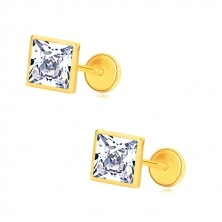 Yellow 585 gold earrings - zircon square in holder, screw back earrings, 6mm