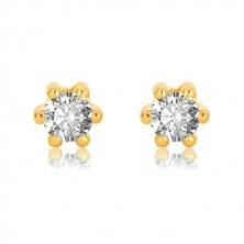 Yellow 375 gold earrings - glittery zircon of clear colour gripped with six sticks, 5 mm