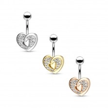 316L steel belly piercing - heart contour with heart in the center, glittery zircons