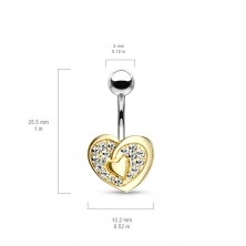 316L steel belly piercing - heart contour with heart in the center, glittery zircons