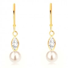 9K yellow gold hanging earrings - glittery grain zircon, white pearl