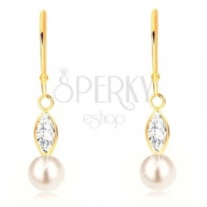 9K yellow gold hanging earrings - glittery grain zircon, white pearl