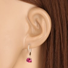 925 silver earrings - glittery zircon of fuchsia colour, lever back fastening