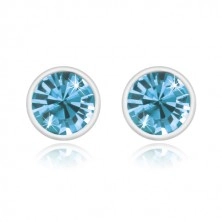 925 silver earrings - glittery zircon in sky-blue hue, glossy round holder