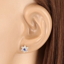 Studs, 925 silver - glittery flower, clear zircons and center of sapphire colour