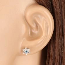925 silver earrings - glittery zircon flower, clear-sky blue, studs