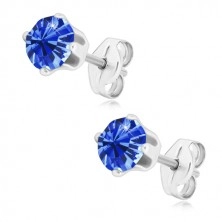 925 silver earrings - round zircon of sapphire-blue hue, four prongs