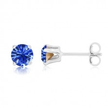 925 silver earrings - round zircon of sapphire-blue hue, four prongs