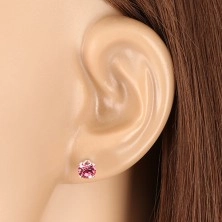 925 silver earrings - round zircon of pink colour gripped with four prongs
