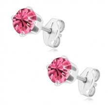 925 silver earrings - round zircon of pink colour gripped with four prongs